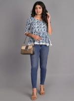 Cotton Sky Blue Casual Wear Printed Readymade Top